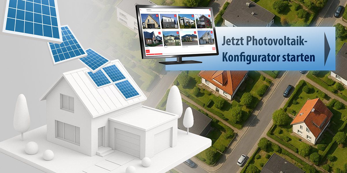 3D-Modell eines Hauses mit Solarpanels auf dem Dach, daneben Luftbild von Wohnhäusern in einer Siedlung.
